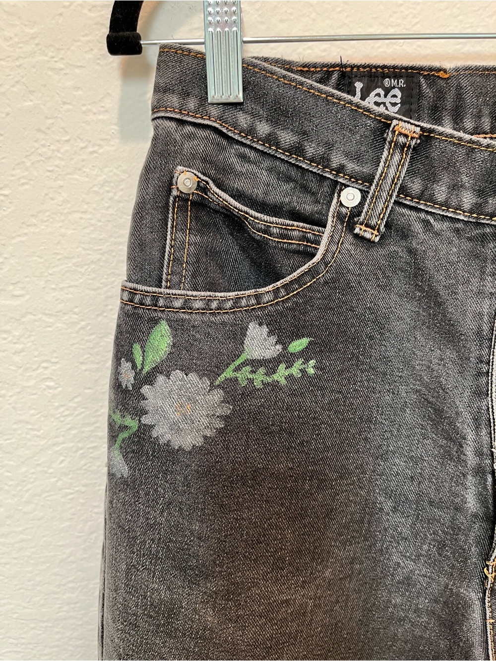 Lee Retro High-Rise Black Jeans with Green & Gray Floral Detail